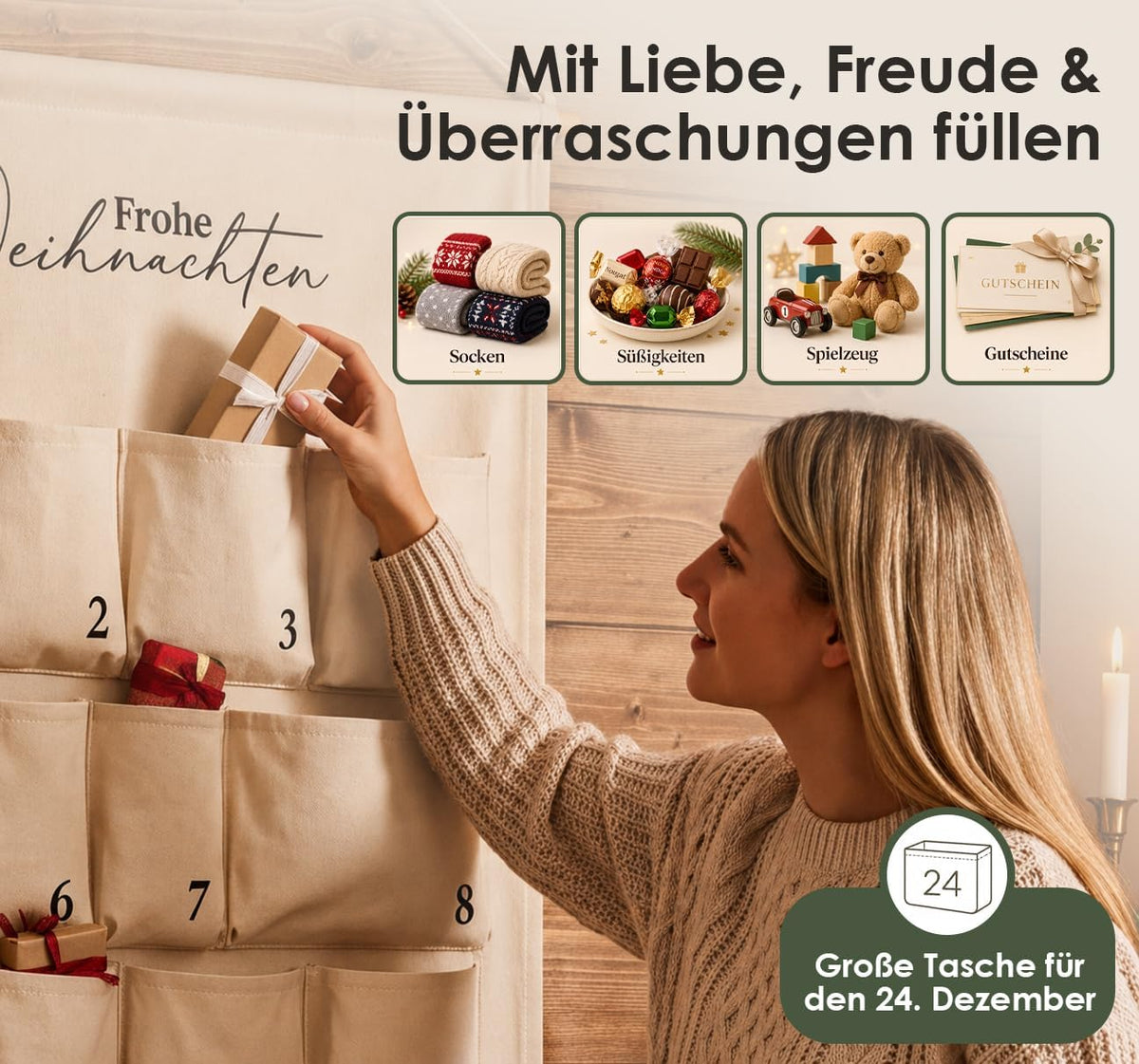 Adventskalender zum Befüllen Groß – 24 Taschen & Bügelmotive – Details, Bild 5