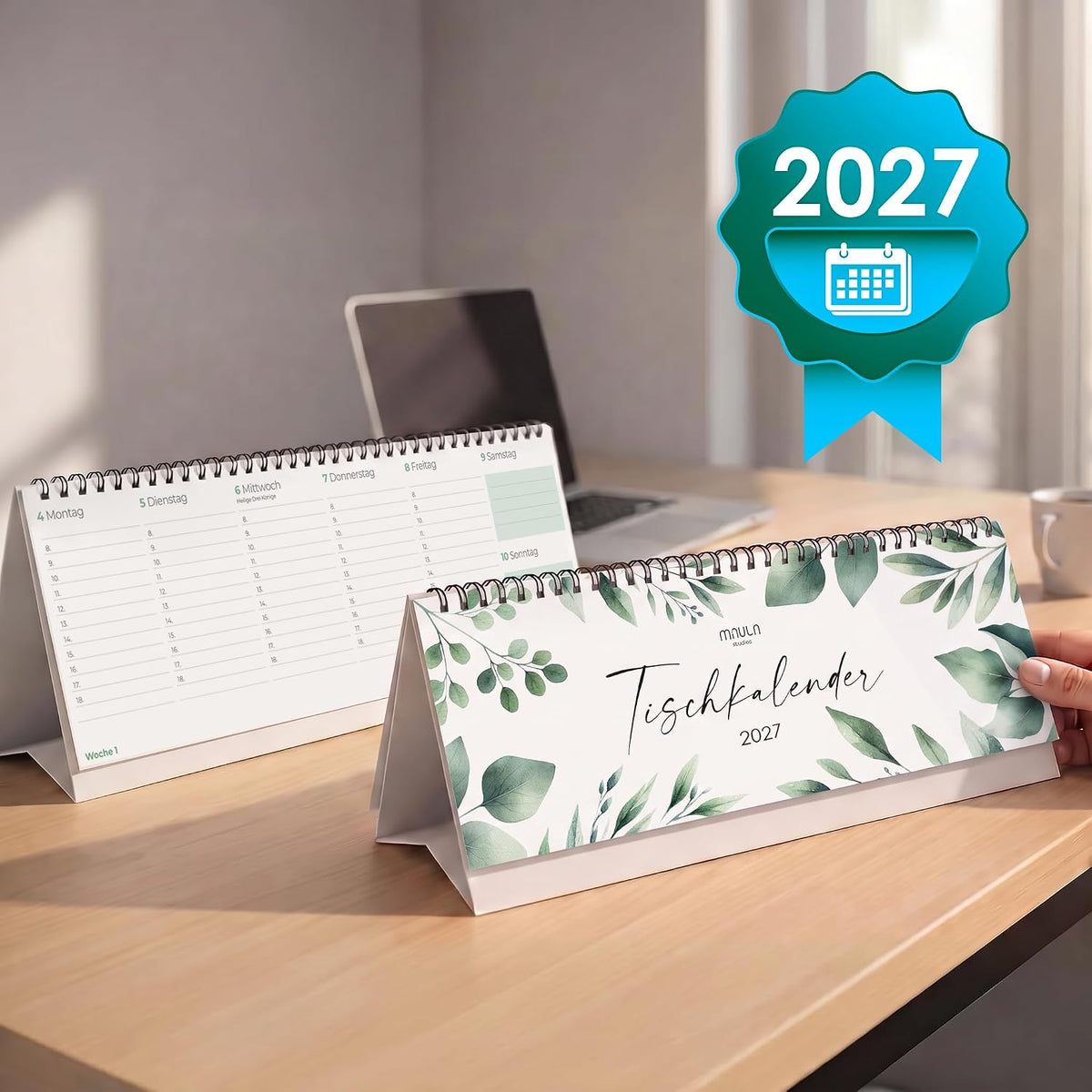 Tischkalender 2027 Greenery – Wochenplaner mit Aufsteller