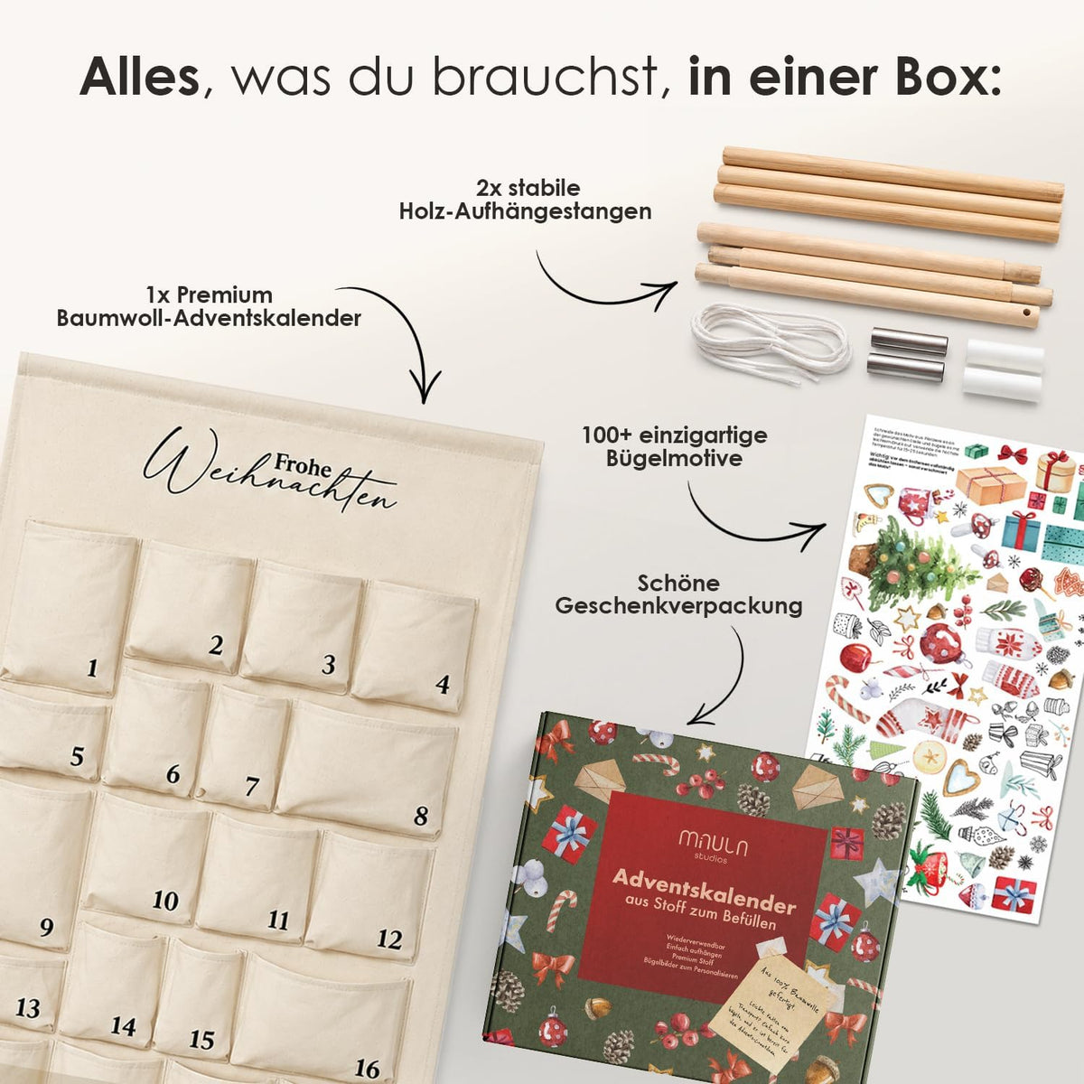 Adventskalender zum Befüllen Groß – 24 Taschen & Bügelmotive – Details, Bild 4