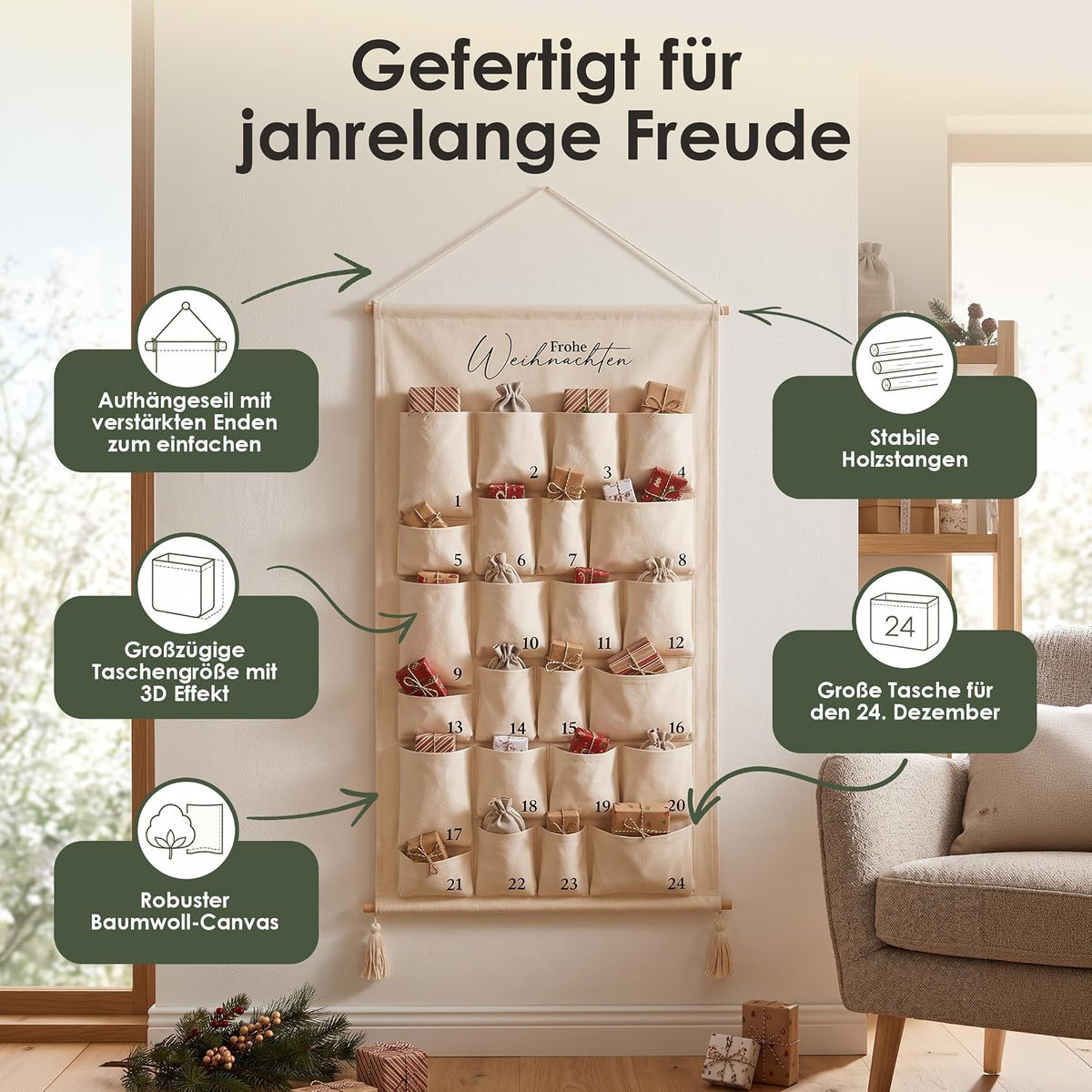 Adventskalender zum Befüllen Groß – 24 Taschen & Bügelmotive – Details, Bild 3