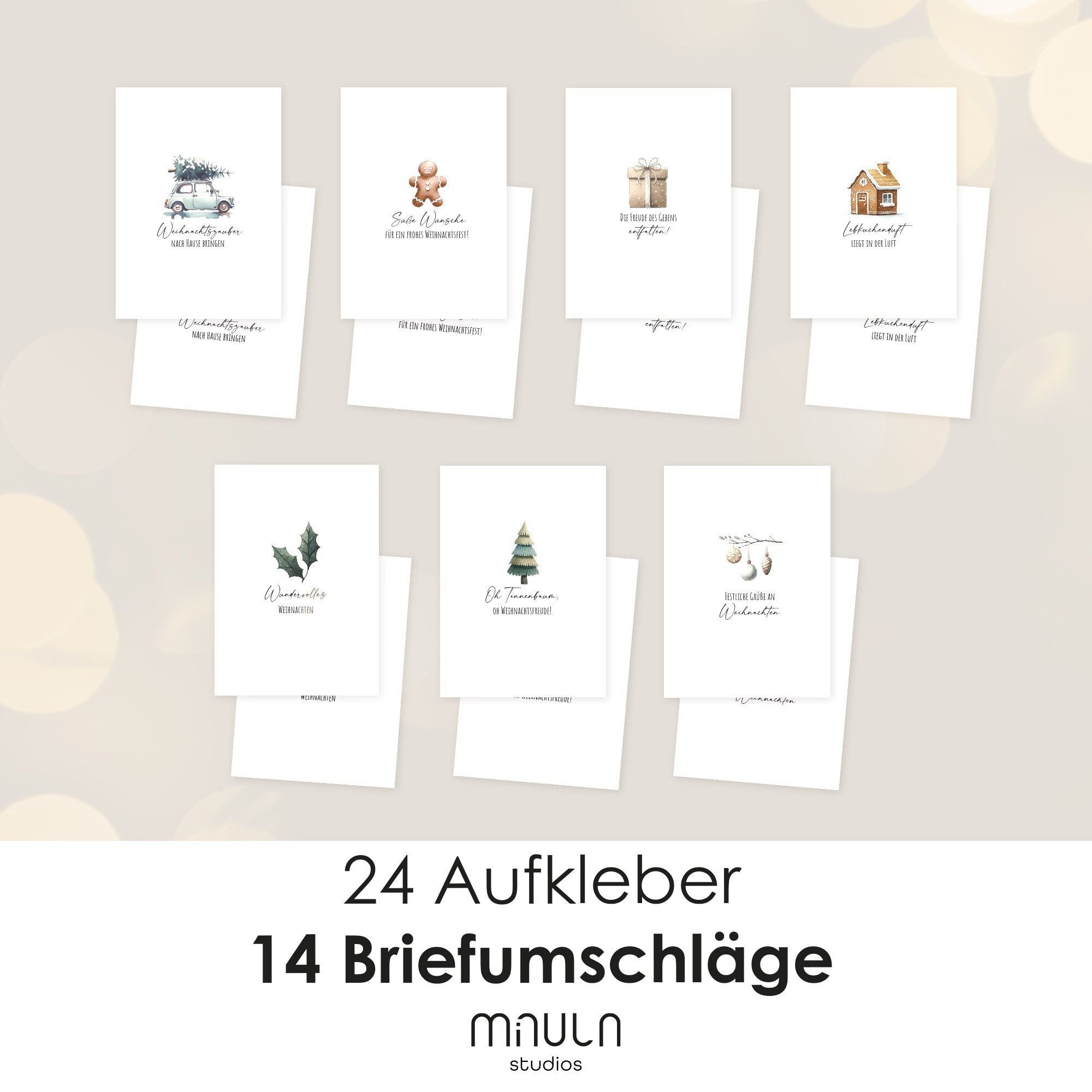 14 Weihnachtskarten mit Umschlag Set + Sticker