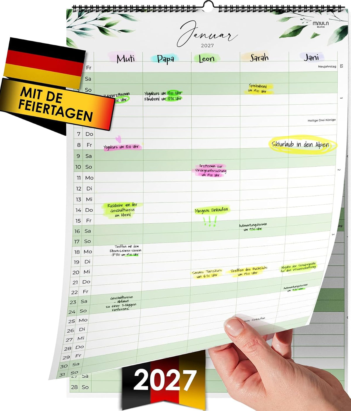 Familienplaner 2027 – 5 Spalten im Greenery-Design