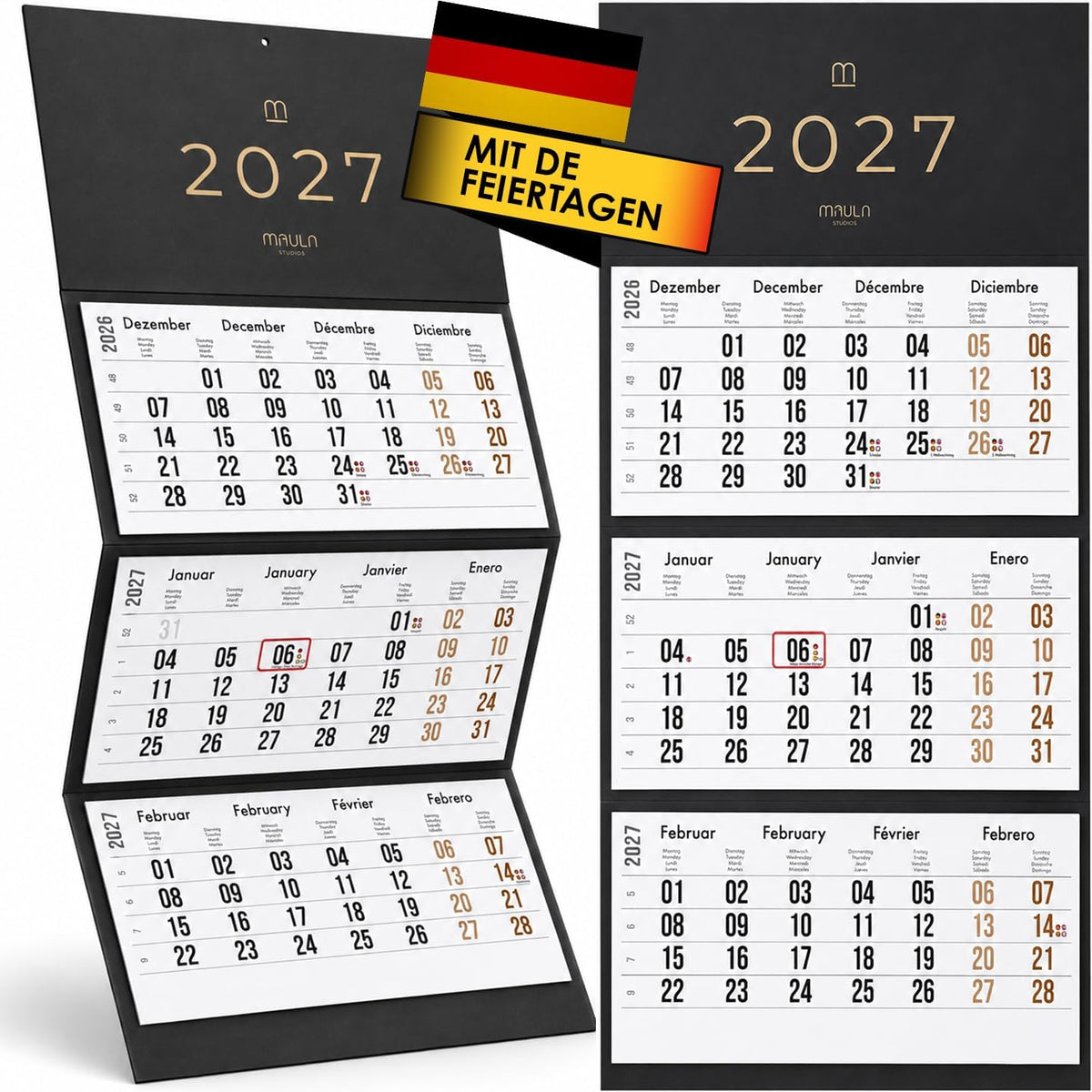 3-Monatskalender 2027 – mit Datumsschieber & Feiertagen