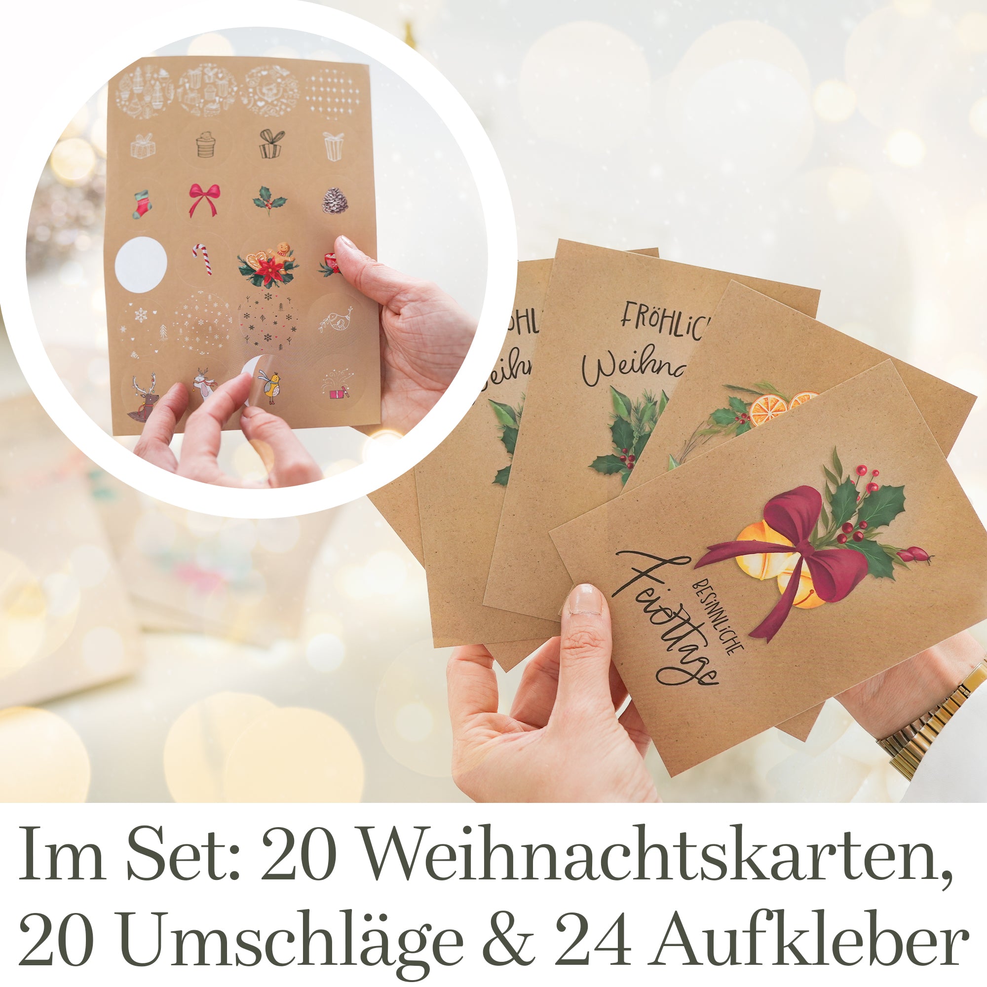 20 Weihnachtskarten mit Umschlag Set + Sticker