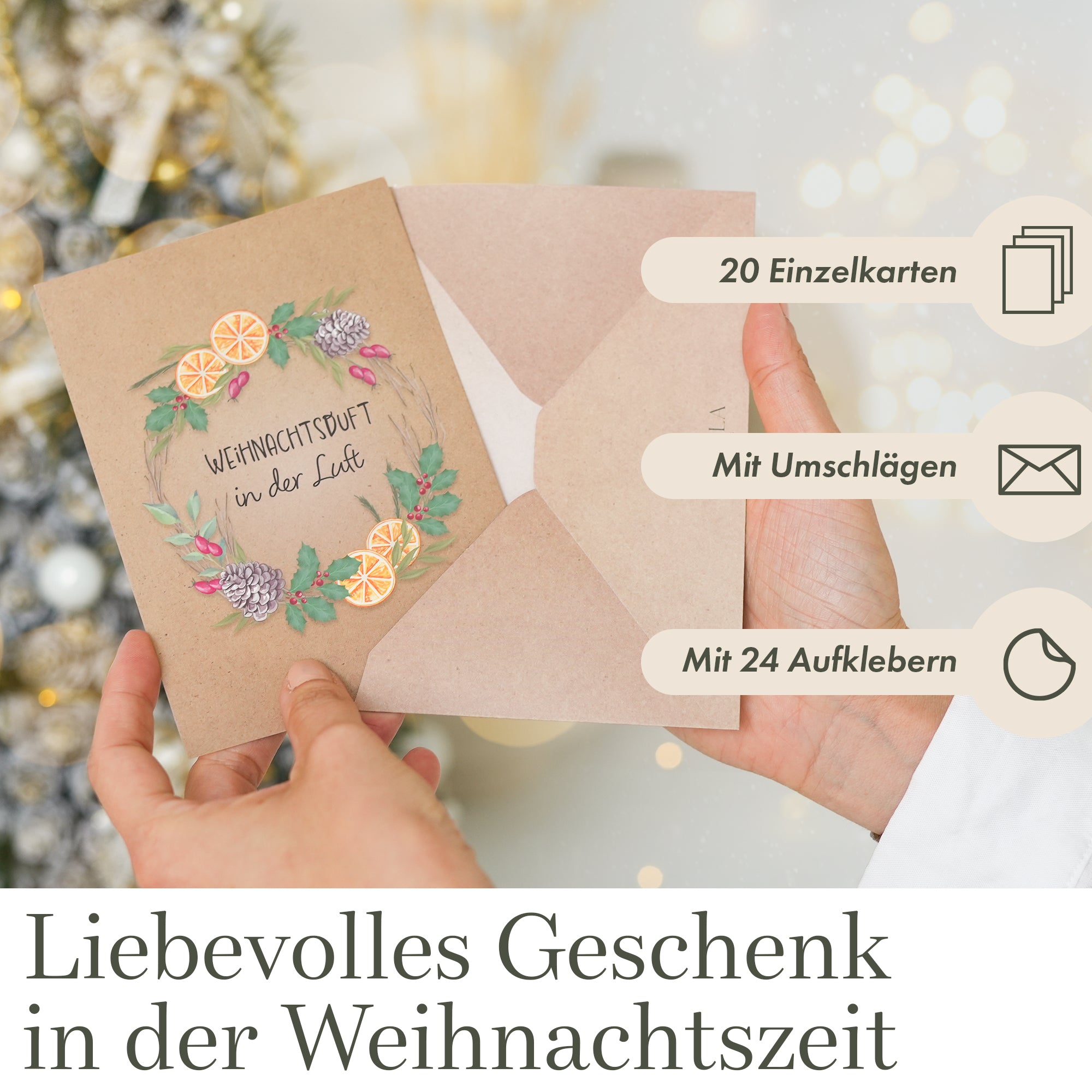 20 Weihnachtskarten mit Umschlag Set + Sticker