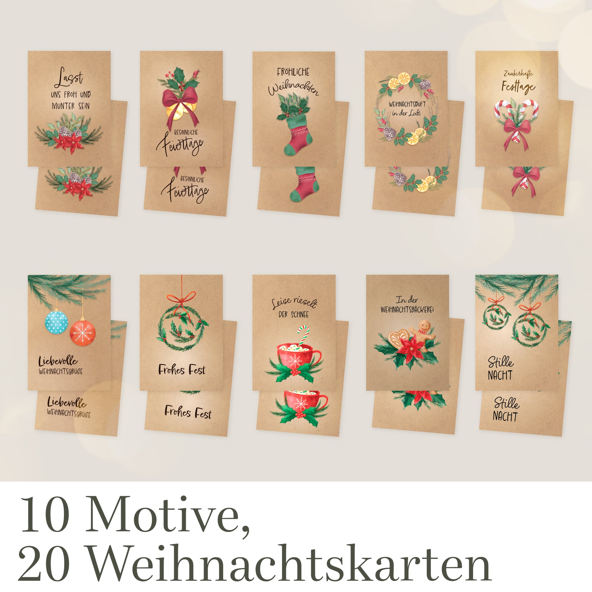 20 Weihnachtskarten mit Umschlag Set + Sticker